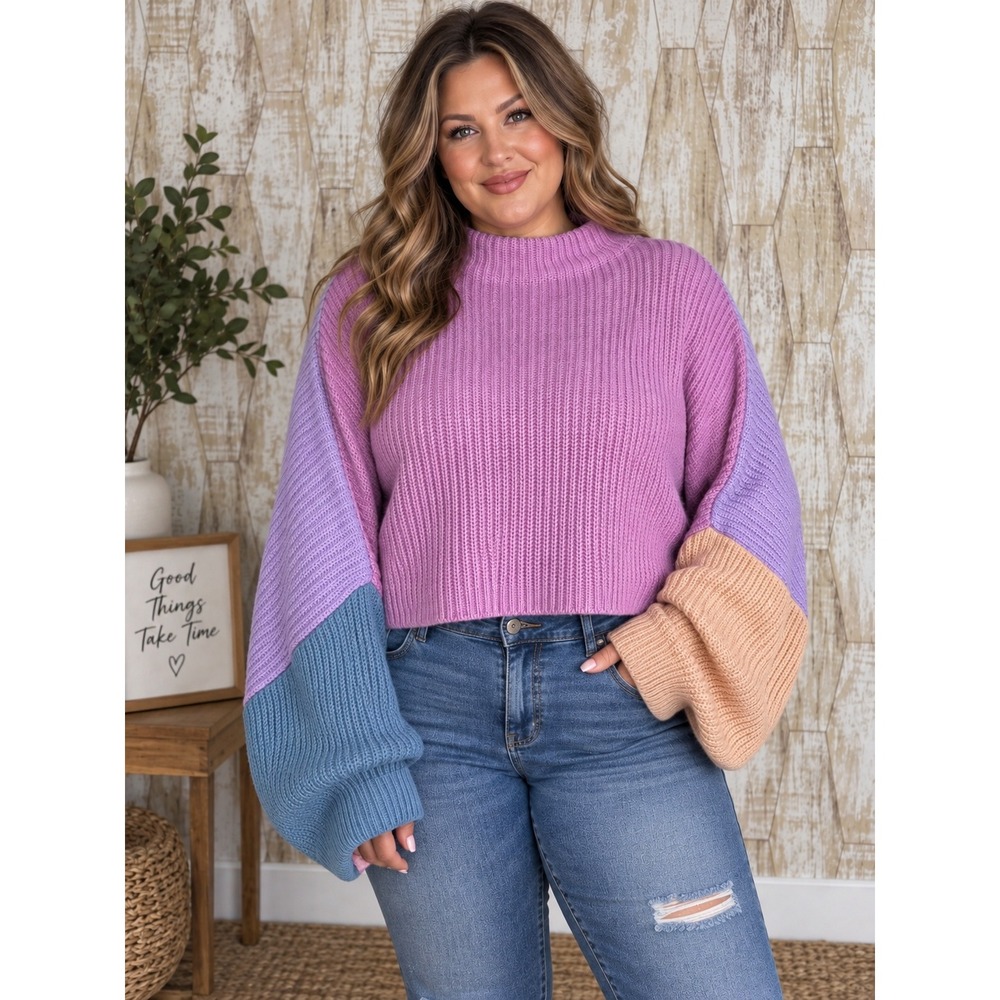 PrettyLittleThing Plus XXL Colorblock Ribbed Knit Sweater Cropped